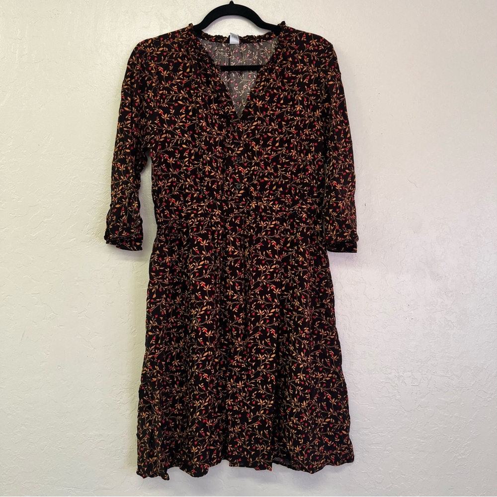 Old Navy Autumn Floral Ruffled Vneck 3/4 Sleeve‎ Gathered Waist Dress Sz L EUC